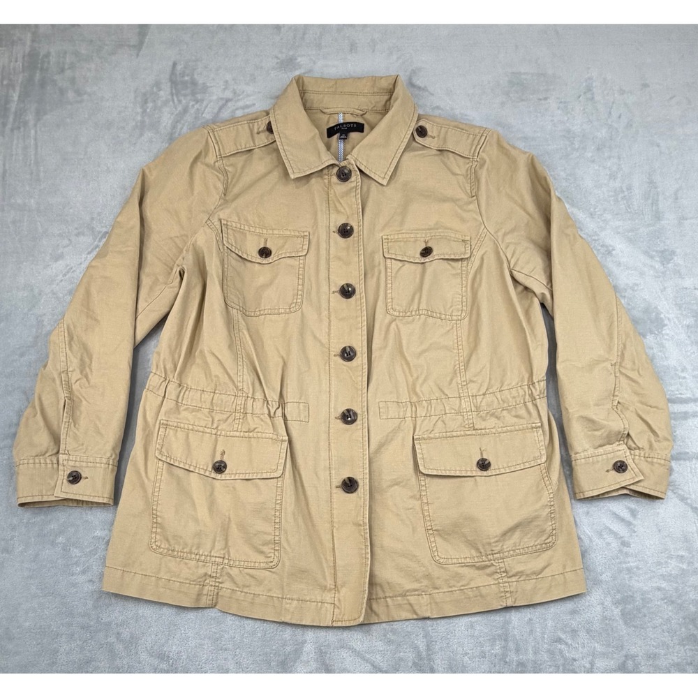 Talbots Women Field Jacket 1X Tan Khaki Cotton Utility Cinched Waist Preppy Coat